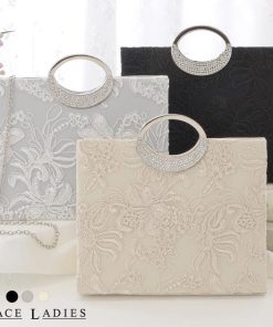 Lace Ladies フラワー刺繍リングハンドルバッグ 女性 レディース ハンドバッグ ビジュー スクエア 花柄 レース ゴールド メタリック 結婚式 二次会 結